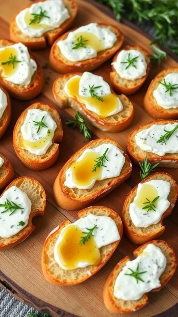 A platter of goat cheese crostini topped with honey and herbs on a rustic wooden board.